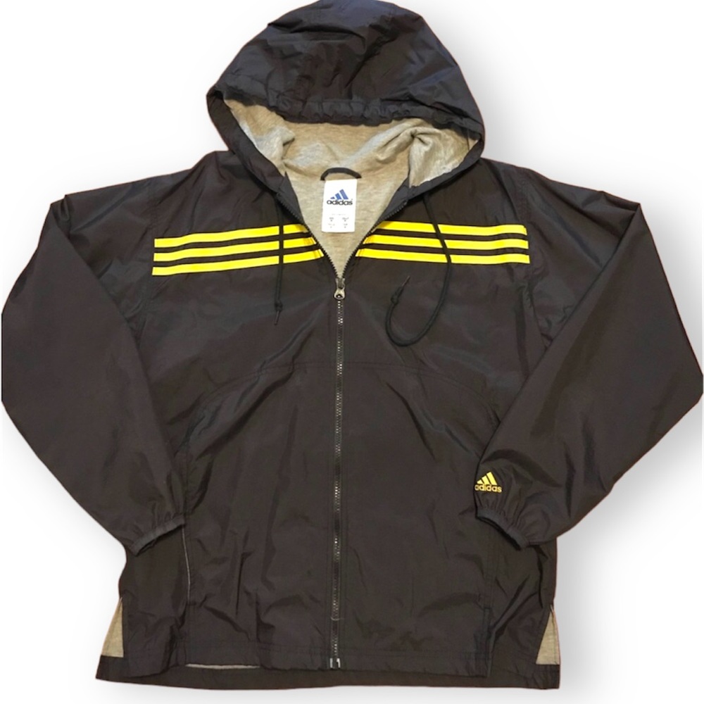ADIDAS Black, Yellow Trim, Fabric Lined Full Zip Windbreaker Hooded Track Jacket